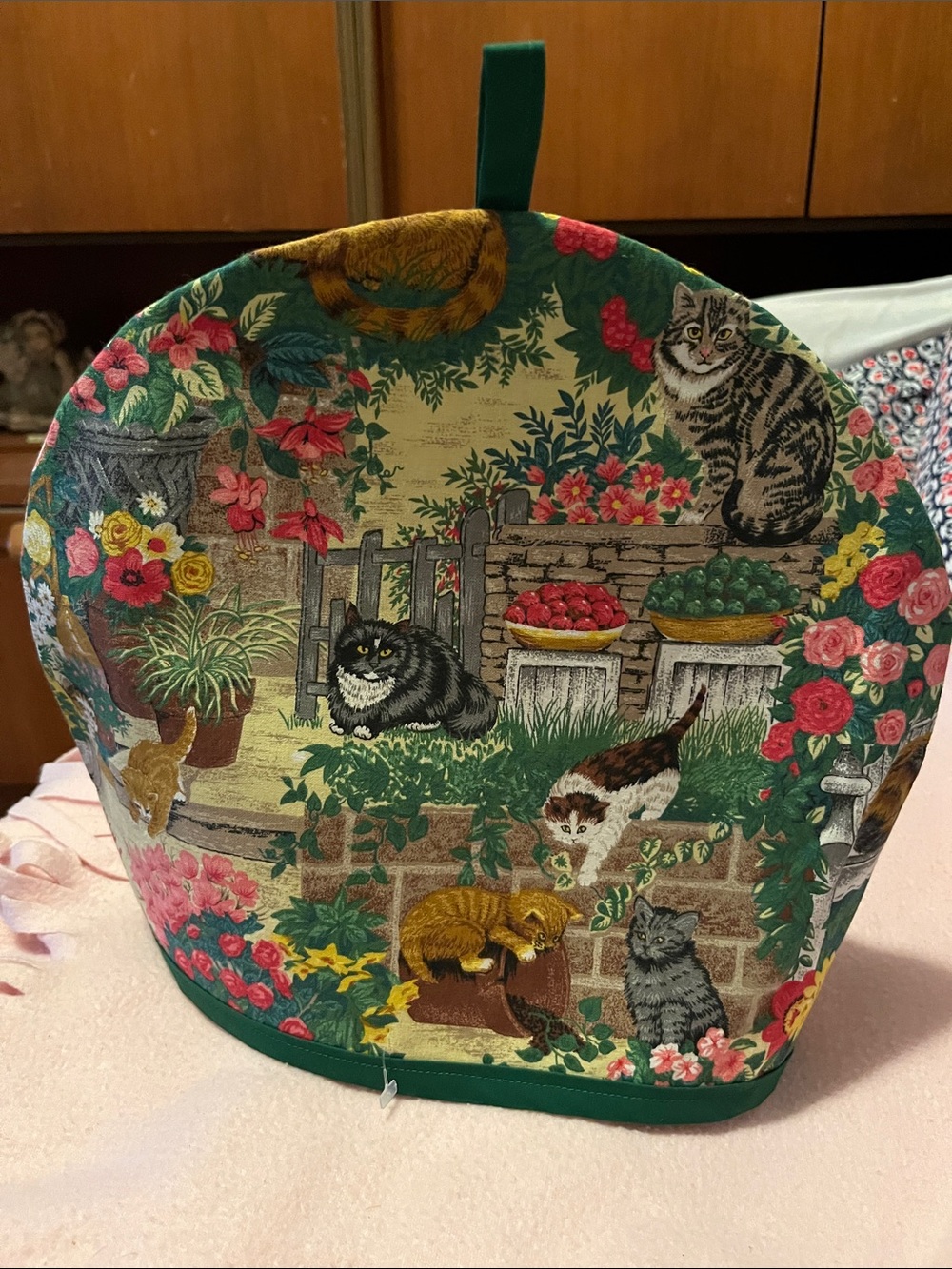Tea Cozy with Multi-Color Cat Garden Print , homemade